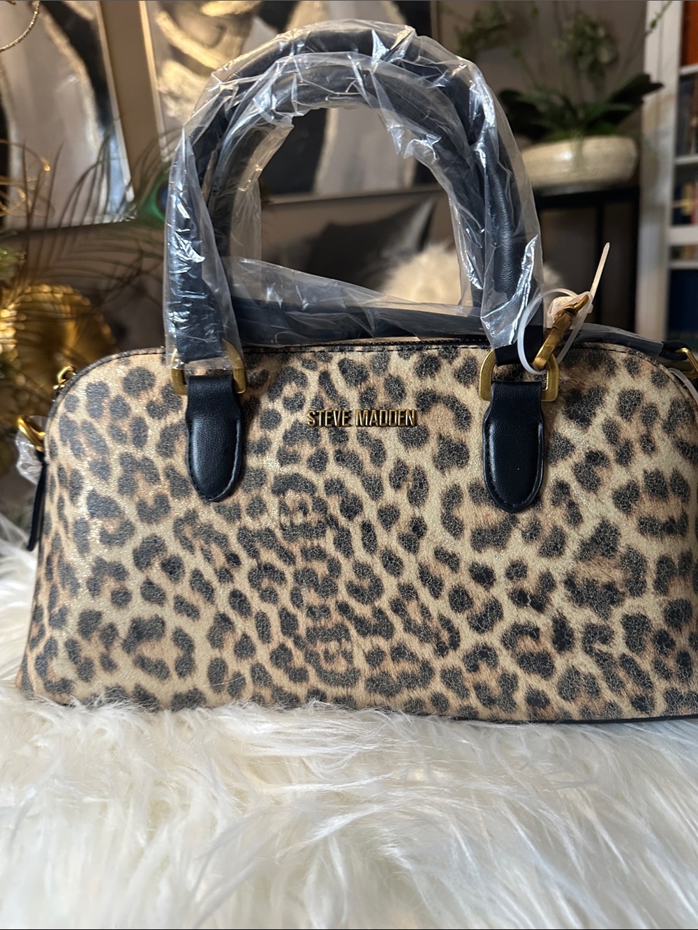 Steve Madden Leopard Print Satchel - Black & Tan